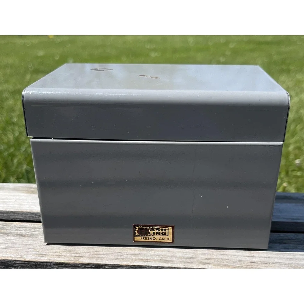 Vintage Flash Ling Gray‎ Steel Index Card File Box Hinged Lid USA Heavyweight